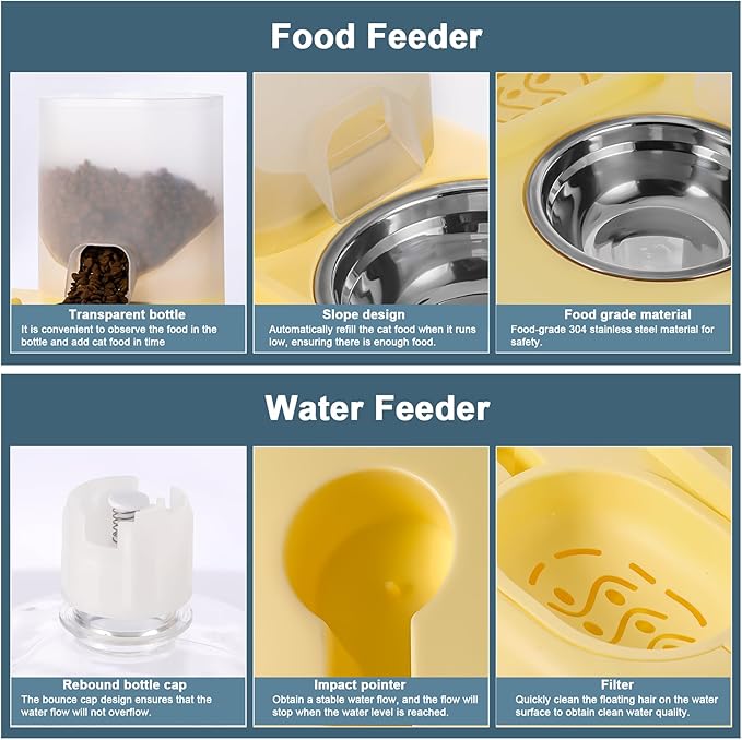 Automatic Cat Feeder Water Dispenser with Stainless Steel Bowl, 2 in 1 Gravity Cat Feeder Large Capacity Dispenser for Pet Dogs Puppy Kitten (Yellow)
