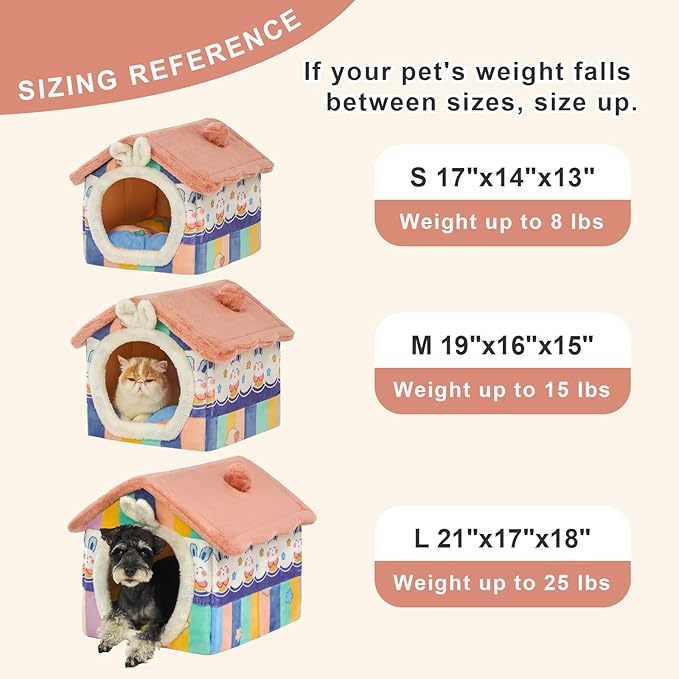 JIUPETY Cute Small Dog House Indoor, Foldable House Kennel Bed Mat with Cushion, L Size Tent Up to 25 Lbs, Dog Cave Bed with Non-Slip Bottom, Rainbow
