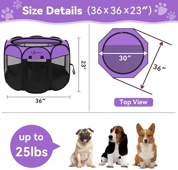 Dog Playpen, Puppy Pet Playpen, Medium Dogs Tent Crates Cage Indoor/Outdoor, Portable Pop Up Dog Kennel Playpen with Carrying Case for Dogs/Cats/Rabbits, Removable Zipper Top, Purple