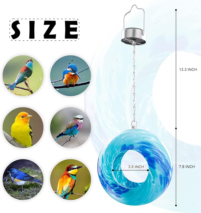 VCUTEKA Bird Feeder Solar Fly Through Birds Feeders for Outside Hanging with Round Shape Glass Container to Attract More Wild Birds for Garden Decor, Solar Birdfeeder as Gift for Bird Lovers, 8-Inch