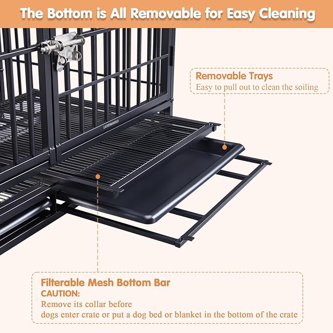 Lauren&Harold 48 Inch Heavy Duty Dog Crate for Medium/Large Dogs, Metal Dog Kennel Indoor with Top Door&Feed Door, Easy-to-Clean XL Dog Cage with Removable Tray&Wheels, Large Dog crates Furniture