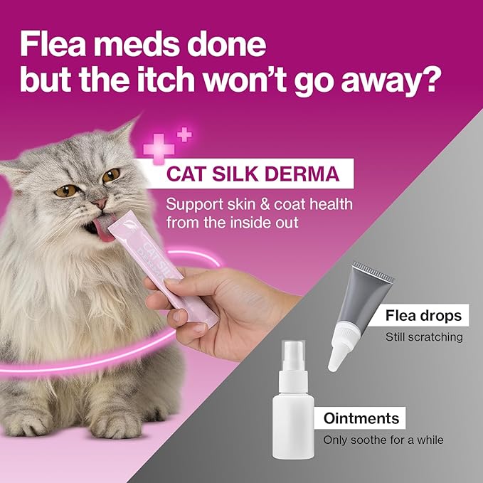 Dr.by Cat Silk Derma Lickable Feline Skin and Coat Supplement - Dandruff Treatment & Itchy Skin Relief Allergy Support for a Glossy Coat Immune Boosting Formula - 30 Individual Treat Tubes