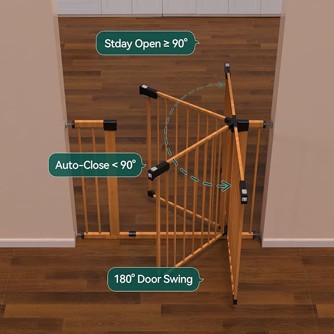 BABELIO 29-40" Metal Baby Gate with Wood Pattern, Auto Close Dog/Pet Door for The House、Stairs and Doorways, Pressure Mounted Barrierr, NO Tools Needed