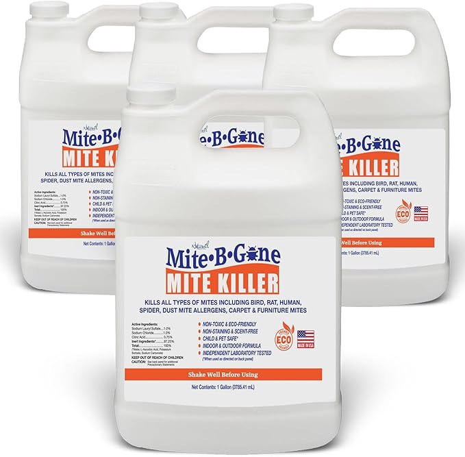 Mite Killer Treatment Spray Pack by Mite-B-Gone — Kills All Types of Mites, Dust, Spider, Rat, Carpet & Bird Mites | Safe for Homes, Furniture & Animals | Non-Toxic | Kid & Pet Friendly | 1 Gal 4-Pack