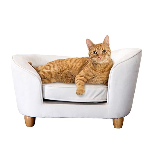 Critter Sitters 28-In. Faux-Velvet White Oval Dog Bed for Small Dogs and Cats, Modern and Comfortable Pet Sofa, Easy to Clean