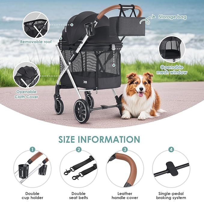 X6 Luxury Dog Stroller for Medium Dogs up to 66 lbs, Dog Wagon with 180° Canopy, One-Second Fold Design, 4-Wheel Shock Absorption (Black)