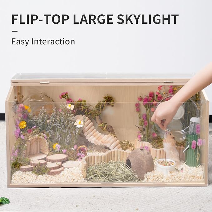 23.6 inch Wooden Hamster Cage, Large Habitat, Openable Top, Transparent Acrylic for Interior View, Ventilated, Easy to Clean, for Syrian Hamster, Dwarf Hamster, Gerbil, Other Small Pet Animals