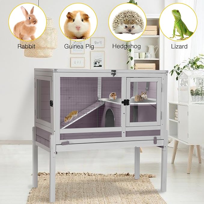 Wooden Guinea Pig Cages Indoor,Two-Story Wooden Rabbit Cage Hutch with Removable Stand and Pull Out Tray, Small Animals Cage Habitat with Ramp and Plastic Mesh(Grey&Purple)