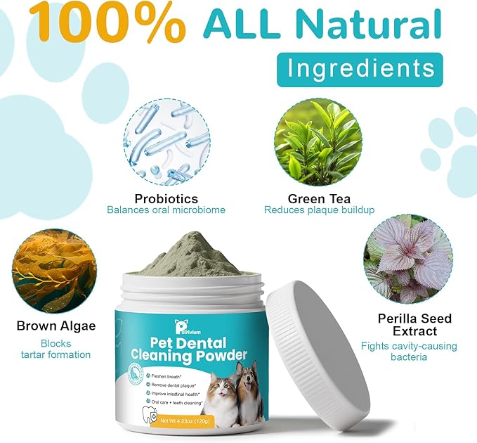 Dog Teeth Cleaning Powder, Dog Dental Powder for Teeth Cleaning and Dog Breath Fresh, Bad Breath Fresher & Tartar Remover with Enzyme, Probiotics. Plaque Off Pet Tooth Cleaning 120 Grams 60 Servings