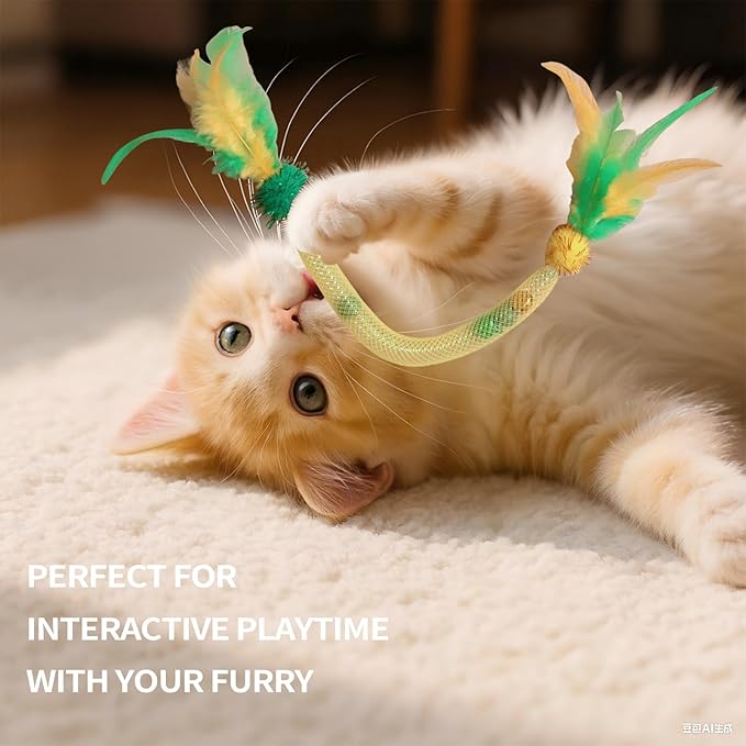 Cat Toys for Indoor Cats โ 2 Pack Feather Toys with Pom-Pom & Bells, 19.5 Inch Teething Cat Toys Bundle for Chew, Cat Spiral Spring, Kitten Teething Toys