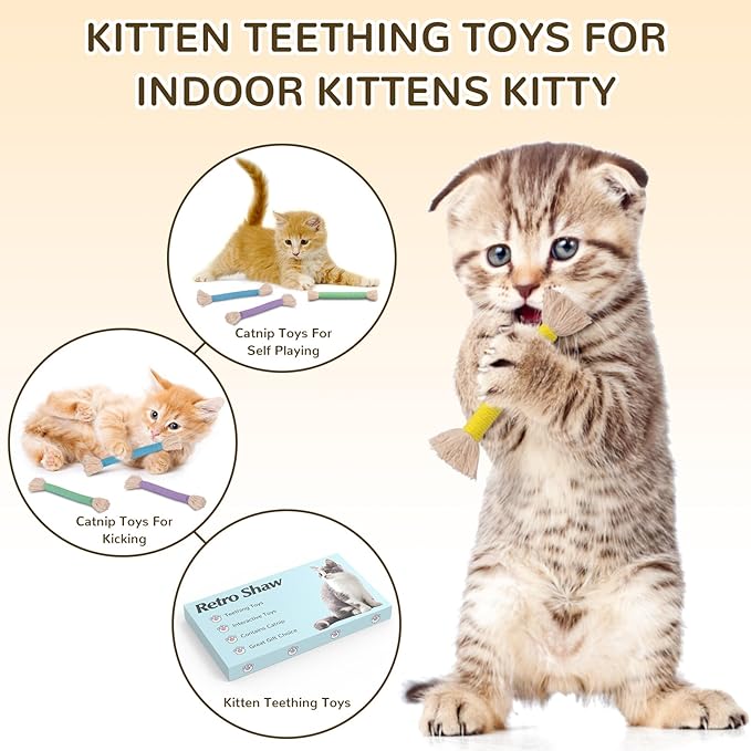 Retro Shaw Cat Toys, 6Pcs Catnip Chew Ropes, Safe Durable Kitten Teething Toys for Indoor Cats, Kitty Kicker Sticks Dental Toy for All Breeds