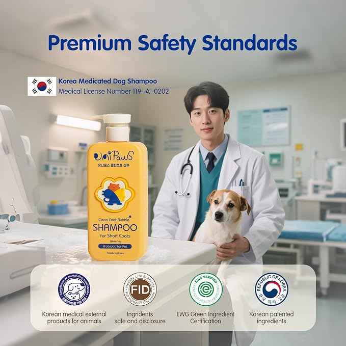 Unipaws Probiotic Dog Shampoo for Short-Haired Coats โ Itch Relief, Deodorizing & Hydrating for Healthy, Fresh Skin with Calendula & Oatmeal โ EWG Green & White Tea Scent, Made in Korea, 16.9 Fl Oz