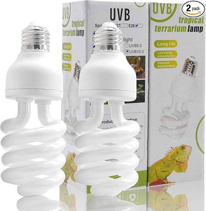 UVB Light Bulb for Reptiles, 26W 10.0 UVA UVB Heat Lamp Bulbs Ideal for Rainforest Reptiles, Bearded Dragons Lizard Turtle Tortoise Iguanas Chameleons Snake (2 Pack)