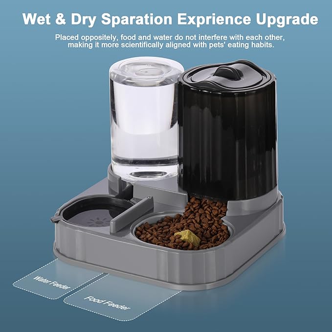 Automatic Cat Feeder Water Dispenser 2 in 1 Gravity Cat Feeder Large Capacity Dispenser for Pet Dogs Puppy Kitten (Black)