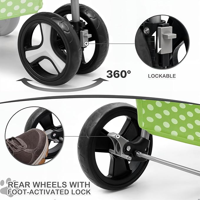 MoNiBloom 3 Wheels Pet Dog Cat Stroller for Small Medium Dogs Cats, Foldable Jogger Stroller w/Storage Basket and Cup Holder, Lawn Green Polka Dots