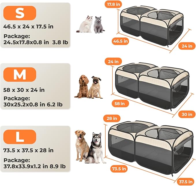 2-in-1 Dog Playpen 58''Pop Up Cat Pet Playpen, Assembly-Free Indoor Outdoor Kitten Enclosure, Kitten Pen Cat Cage Portable Puppy Tent Crates Kennel for Small Animals(No Divider, Unified Space)