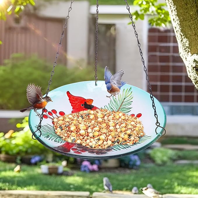 MUMTOP Hanging Bird Baths for Outdoors - Glass Bird Bath, 11 Inch Hanging Bird Bath Cardinal Bird Feeder Bowl for Outside, Garden, Lawn Yard Decor(Green)
