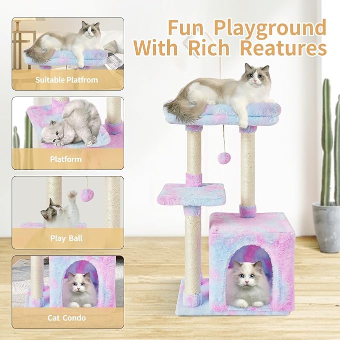 FISH&NAP Cute Cat Tree Kitten Cat Tower for Indoor Cat Condo Sisal Scratching Posts with Jump Platform Cat Furniture Activity Center Play House Rainbow