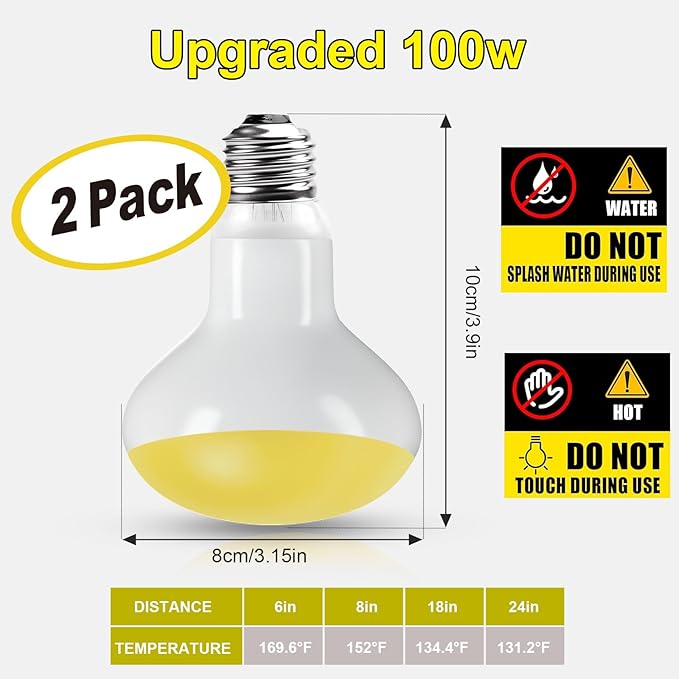 MIXJOY 2Pack Reptile Heat Lamp Bulbs 100W, 60% Intense Heat Bulb UVA Daylight Basking Spot Bulb for Reptiles, Turtle, Lizard, Tortoise, Bearded Dragon, Gecko, Chicken
