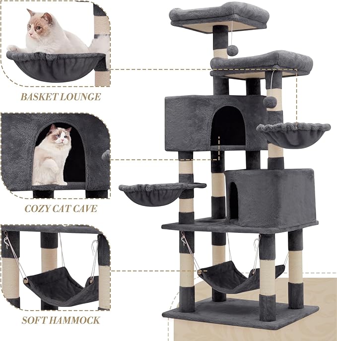 Athena Collection Cat Tree Tower, 58 Inch Tall Modern Cat Tree Claimbing Tower with Scratching Post 2 Condo 3 Hammocks Multi-Level Platform and Playing Ball for Indoor Large Adult, Dark Grey