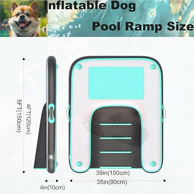 HEYLIFE Inflatable Dog Water Ramp Pool Ladder for Boats Docks Raft Swimming Pools Pet Stairs Floating Sports Platform Up to 220LBS Bgreen 4.9ft x 3ft x 4in