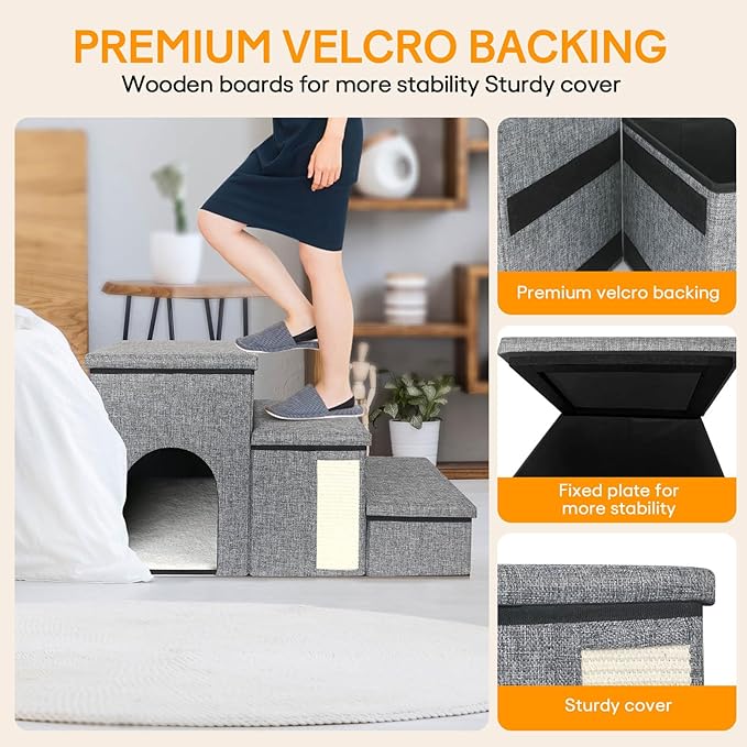 petizer Dog Stairs for Small Dogs, Foldable Pet Stairs for Couch/Bed with Storage Box, Condo and Cat Scratcher, Adjustable Non-Slip Dog Steps for Puppy, Cats, or Small (3-Step,17" H)