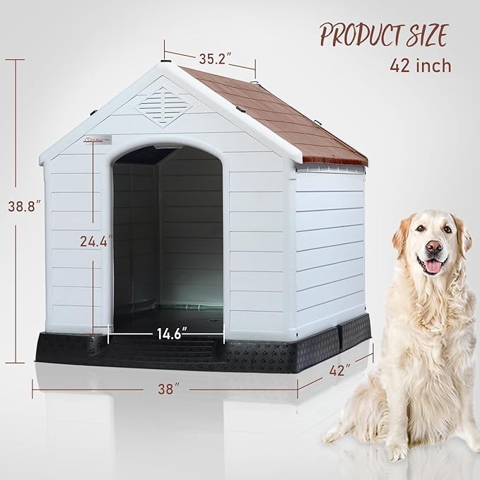 PUKAMI Plastic Dog House Outdoor Indoor for Small to Large Sized Dogs,Durable Waterproof Puppy Shelter with Elevated Floor and Air Vents,Ventilate & Easy Clean and Assemble (Brown, 42inch)