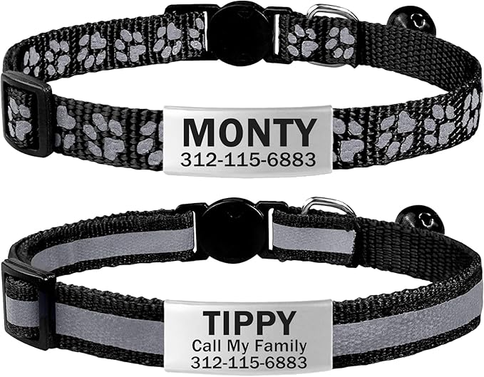 TagME 2 Pack Cat Collar with Name Tag, Personalized Reflective Cat Collar Breakaway with Bell for Boy & Girl Cats, Black