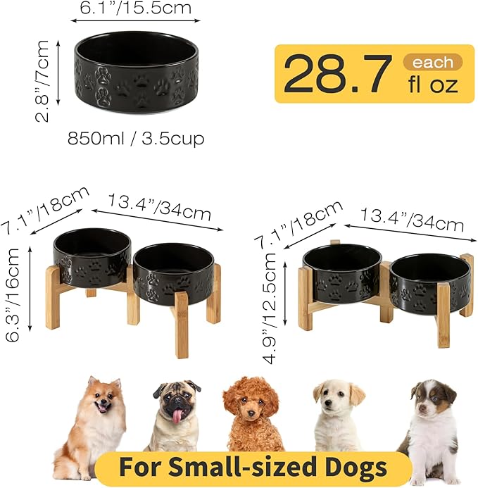 6" Raised Ceramic Dog Bowl Set, 3.5-Cup Dog Dishes with Two-Height Stand, Elevated Food and Water Bowls for Small Breed Dogs, Microwave Safe (Double Bowls + Stand - Black, 6 inch)