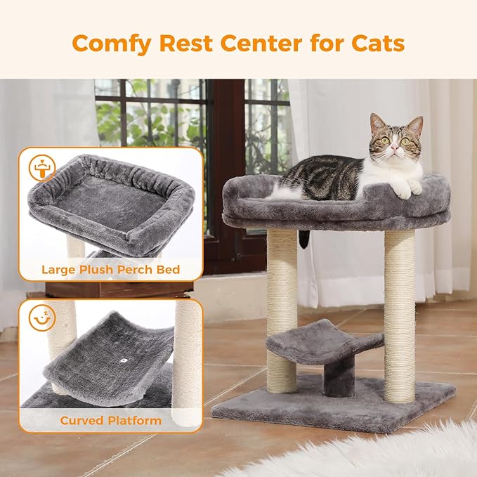 PETEPELA 19" Scratching Post, Cat Tree Tower, 100% Natural Sisal Scratcher With Large Plush Top Perch Bed, Cozy Platform for Kittens and Cats