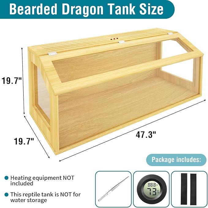 75 Gallon Reptile Tank, Wooden Bearded Dragon Terrarium Tank with Top Ventilation, Large Reptile Enclosure for Snake, Lizard, and Leopard Gecko, Includes Feeding Tongs, 48" L x 20" W x 20" H