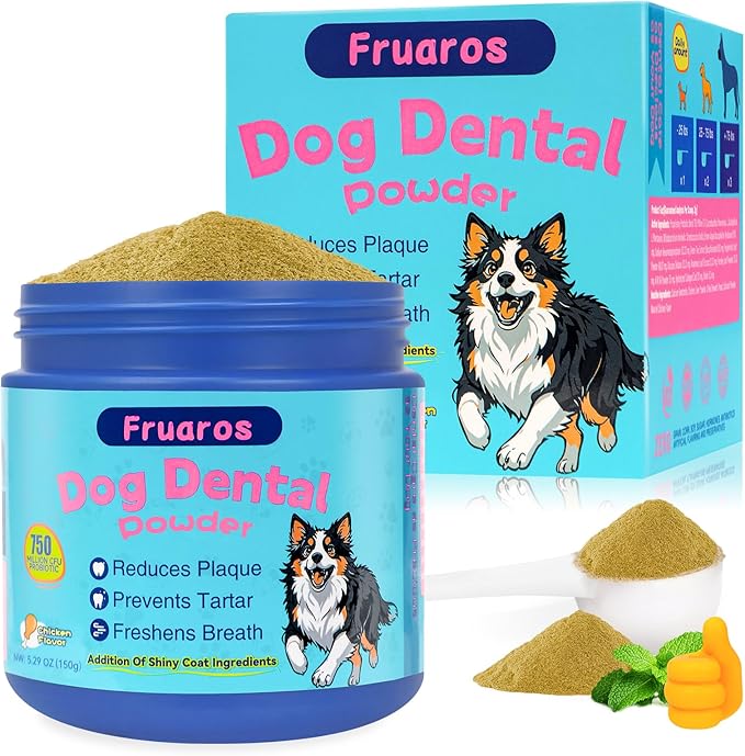 Dog Dental Powder, Dog Teeth Cleaning Powder with Plaque & Tartar Remover, Fresh Breath Support, Whitening & Coat Health Enhancer, Dental Care for All Size Dogs (150g)