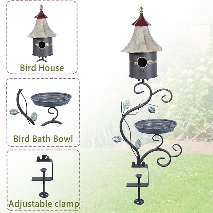 Deck Bird Bath, Metal Bird Bath and Bird Houses, Decorative Deck Mounted Bird Bath, Detachable and Adjustable Sturdy Deck Bird Bath for Outdoor Porch Yard Garden Decoration