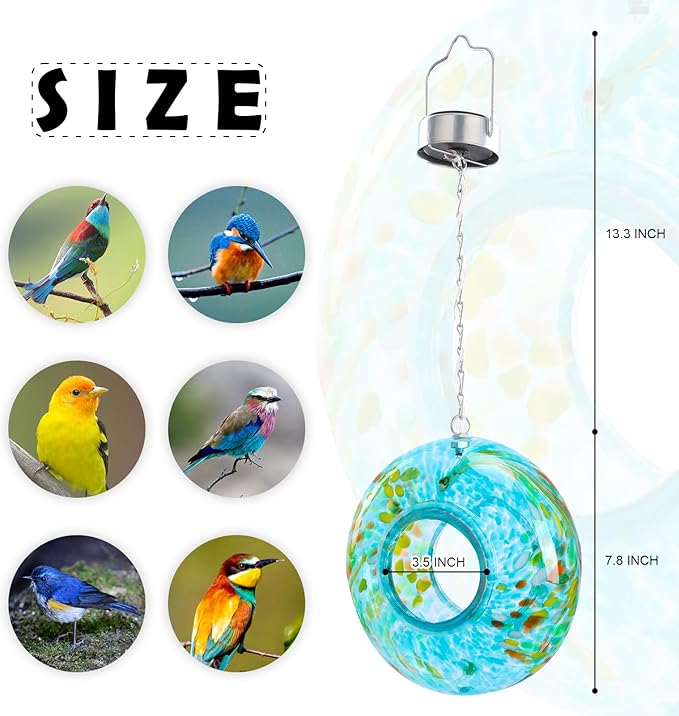 VCUTEKA Bird Feeder Solar Fly Through Bird Feeders for Outside Hanging with Round Shape Glass Container to Attract Wild Birds for Garden Decor, Blue 8"