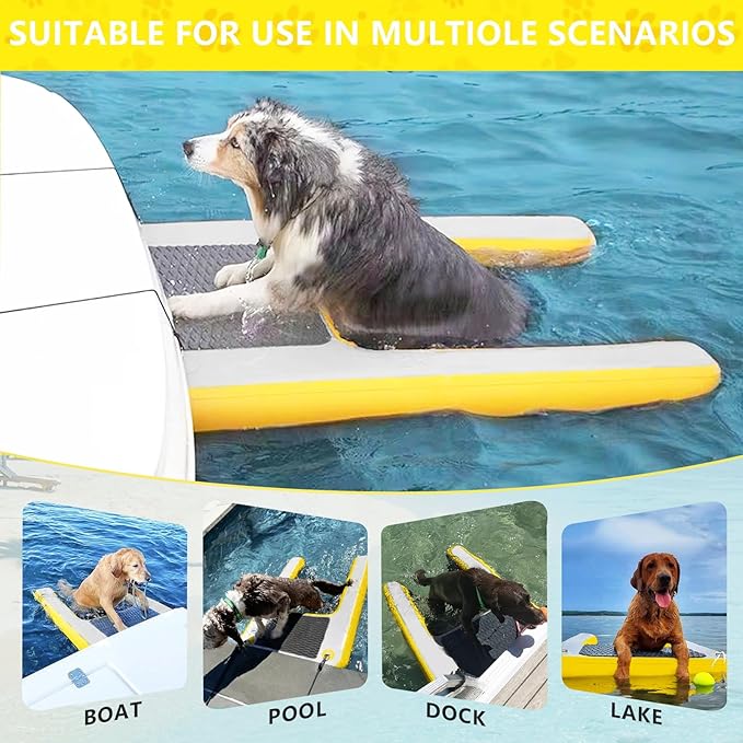 Dog Pool Ramp, Inflatable Dog Boat Ramp, Non-Slip EVA Inflatable Floating Dock Ladder for Pools Boats Docks, Safe & Easy Water Access for Large Dogs, Yellow