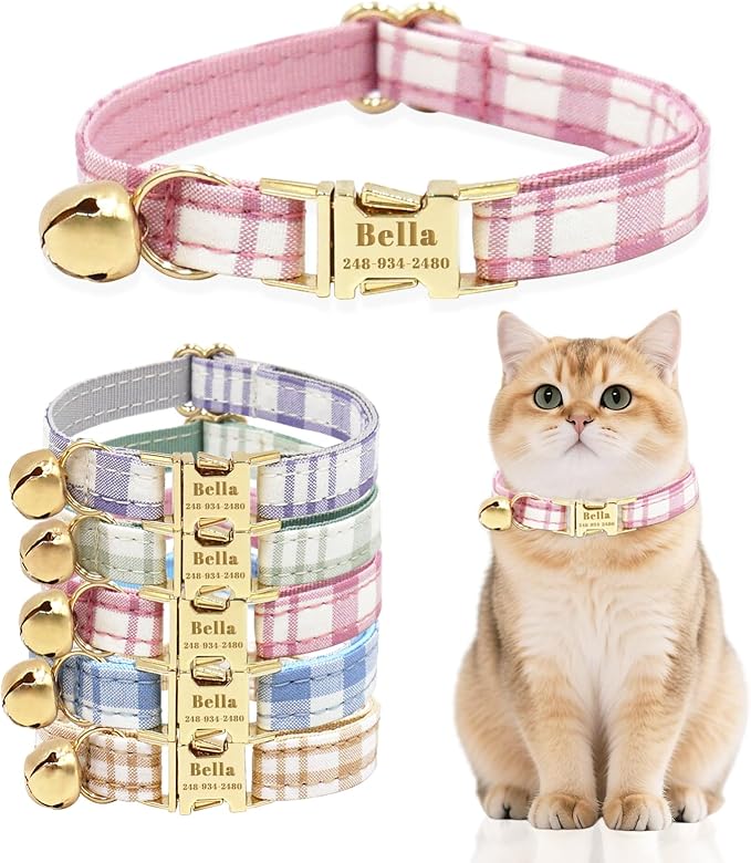 Personalized Cat Collar with Custom Name Plate, Customize Engraved Metal Buckle, Adjustable Cute Plaid Cat ID Tag Collars with Bell