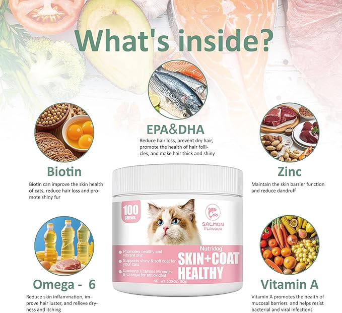 Skin & Coat Cat Chews - Omega 3, Vitamin E, Biotin Supplements for Healthy Skin, Glossy Coat & Anti - Shedding, Salmon Flavor 100ct Soft Chews (Salmon)