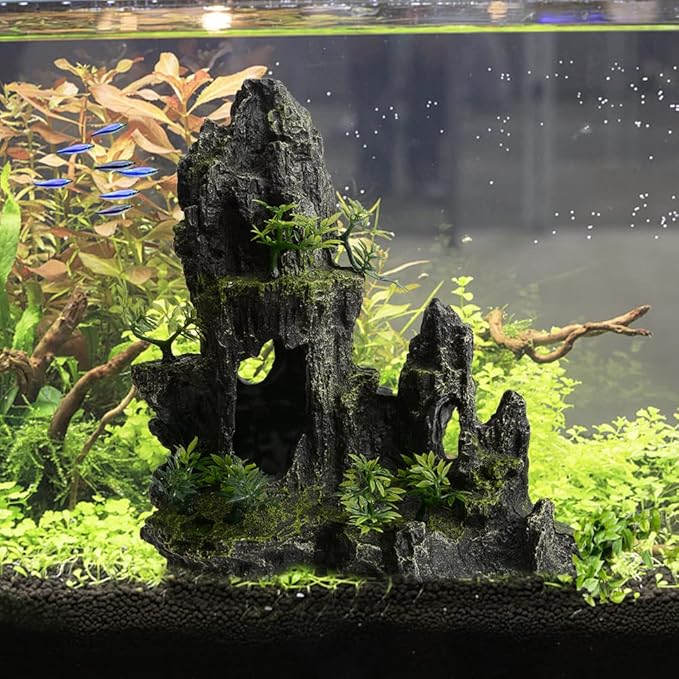 AnRui Large and Tall Aquarium Mountain View Stone Decorations Resin Betta Rock Aquascaping Hiding Cave Ornaments Fish Tank Accessories Decorations with Small Plants