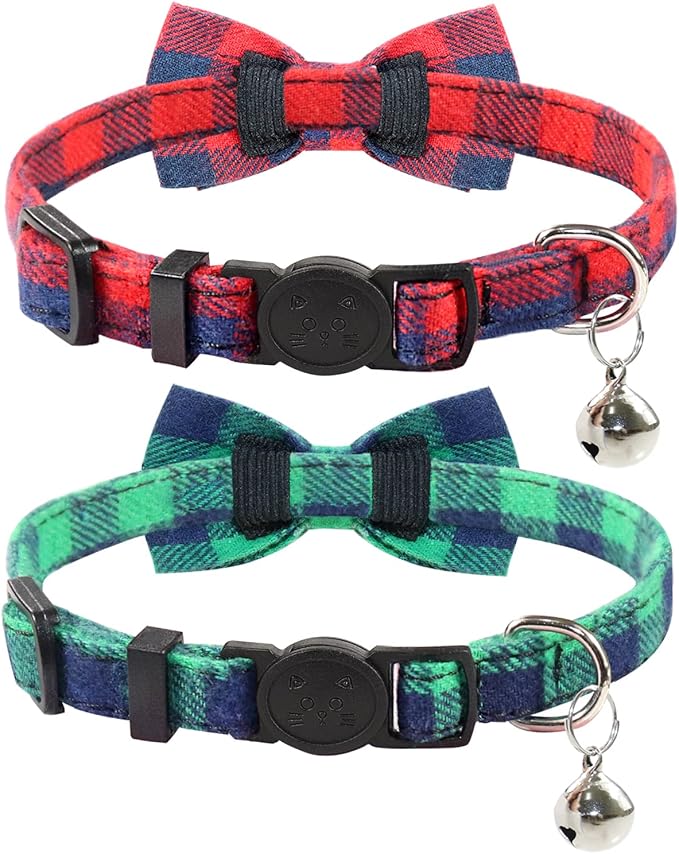 Joytale Upgraded Cat Collar with Bells, Breakaway Cat Collars with Bow Tie, 2 Pack Girl Boy Safety Plaid Kitten Collars, Green+Red