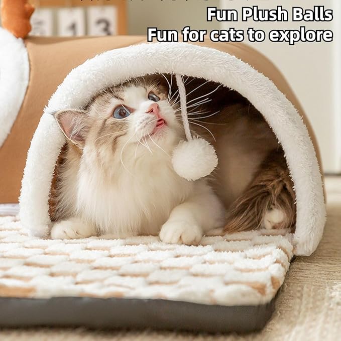 Cat Tunnel Bed Indoor,Cat Peekaboo Cave Bed for Multiple Pets,Kitty Tube with Balls Toys, Removable Bed House Washable,Small Animal Tunnel for Kitty,Bunny (Grey,Small)