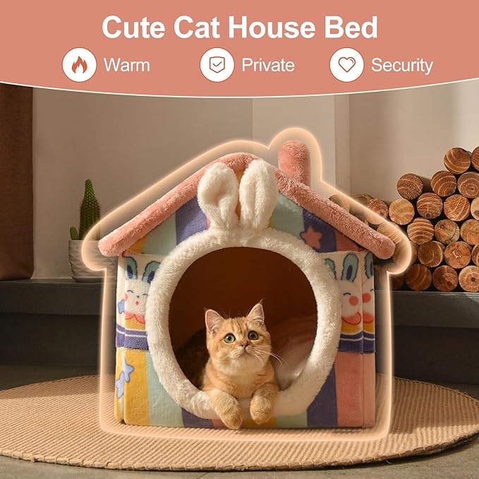 JIUPETY Cute Small Dog House Indoor, Foldable House Kennel Bed Mat with Cushion, L Size Tent Up to 25 Lbs, Dog Cave Bed with Non-Slip Bottom, Rainbow