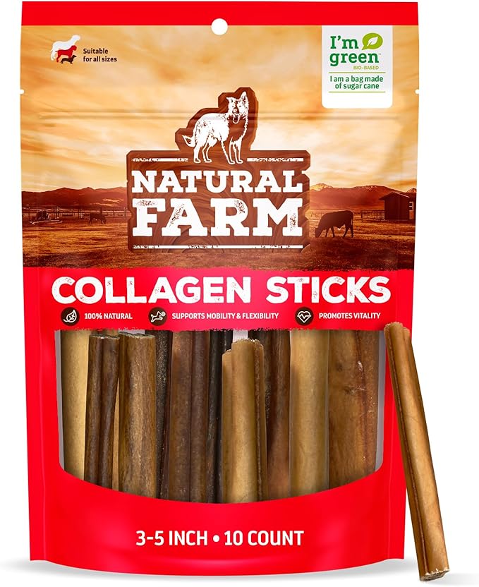 Natural Farm Collagen Dog Chews (3-5โ, 10 Units), Odor-Free Long Lasting Bully Sticks & Rawhide Alternative Dog Treats, 95% Collagen Low Fat, High Protein โ Small & Medium Dogs
