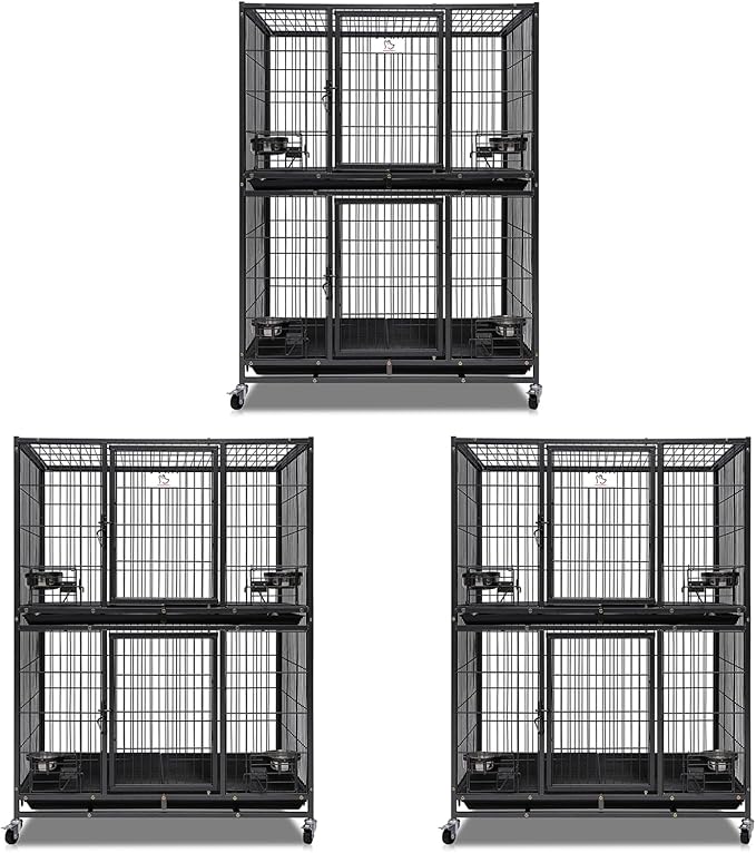 Homey Pet Two Tiers 37 Inch Dog Crate Cage Kennel with Feeding Door and Bowls, Lockable Wheels and Removable Tray, Escape Proof Metal Wire Heavy Duty Dog Crates for Medium/Small Sized Dogs (3 Pack)