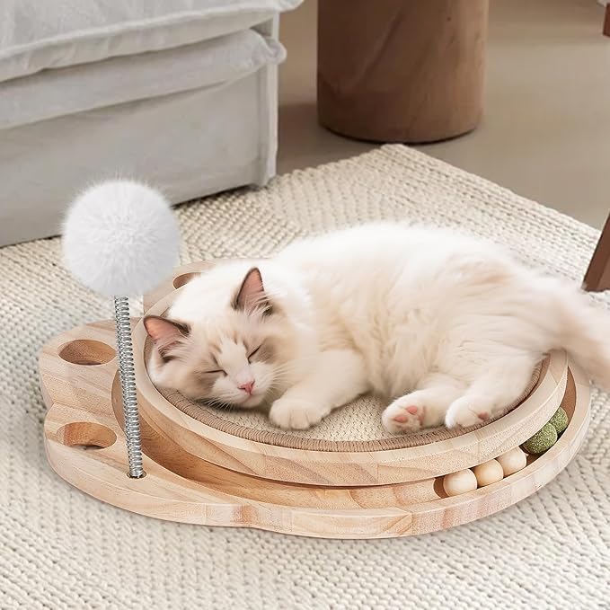 Cat Scratcher for Indoor Cats, Sisal Cat Scratching Pad, 2-Tier Kitten Toys with Wooden Ball Track & Spring Ball -No Assembly Cats Activity Center