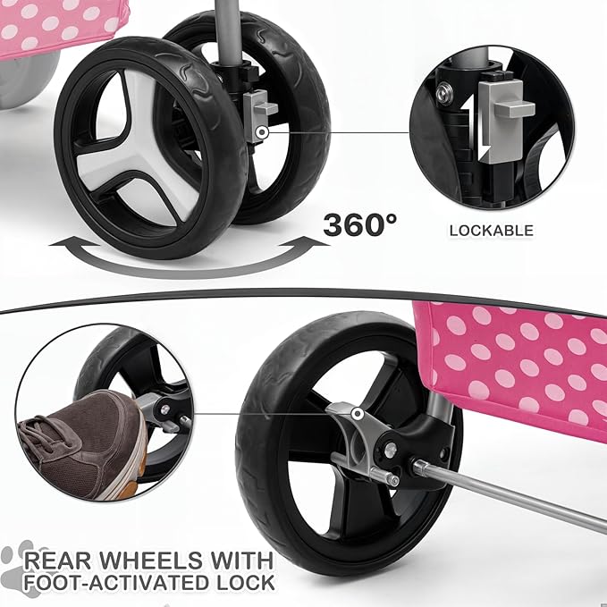 MoNiBloom 3 Wheels Pet Dog Cat Stroller for Small Medium Dogs Cats, Foldable Jogger Stroller w/Storage Basket and Cup Holder, Hot Pink Polka Dots