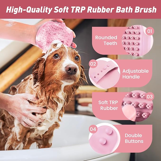 Pet Shower & Bath Supplies,Dog Shampoo Brush Set with Towel, Washing Gloves,Comb for Dogs and Cats (Pink)