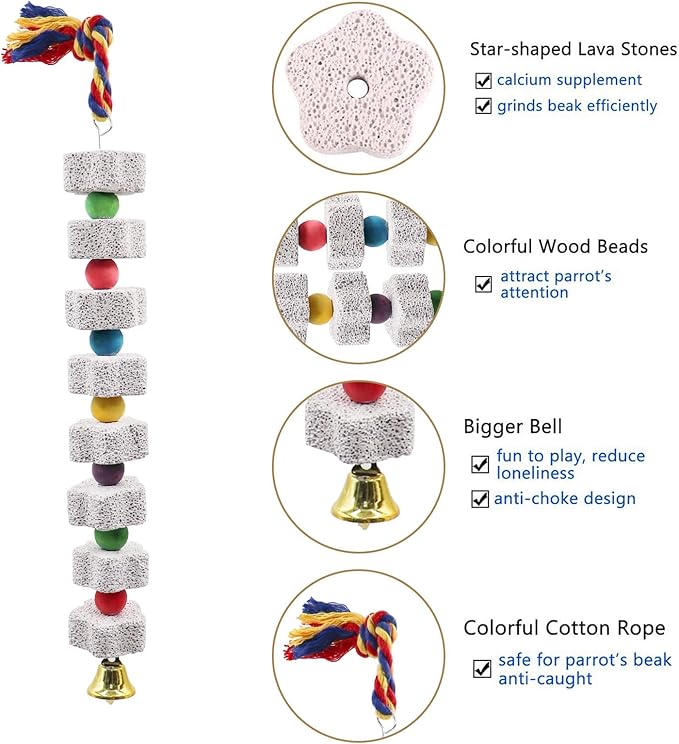 2 Pack Bird Beak Grinding Stone with Apple Scent, Large Parrot Chewing Calcium Stone Toy with Bells, Bird Cage Accessories, Suitable for Cockatiel Parakeet Parrot Budgies Rat Hamster Chinchilla Rabbit