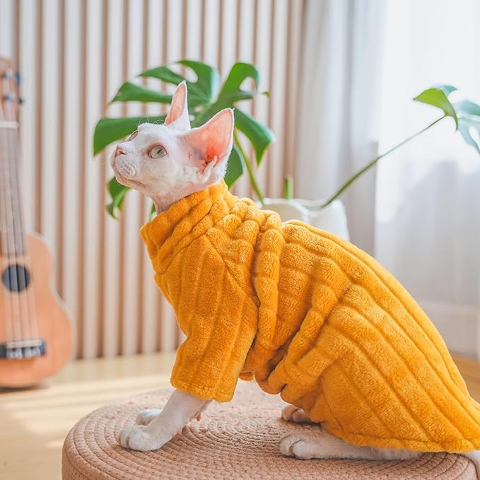 Turtleneck Sweater for Sphynx Cat Soft Coral Fleece Cat Clothes Thick Winter Warm Outfit Coat for Hairless Cats and Small Dogs Apparel with Sleeves (Orange, L (7-8.5 lbs))