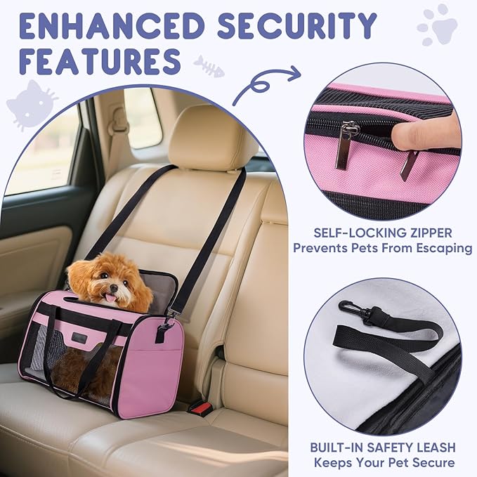 BALEINE Cat Carrier, Puppy Dog Carrier for Small Medium Pets Up to 15 Lbs, Soft-Sided Dog Travel Bag with Safety Zippers, Collapsible Pet Carrying Case (Pink, L, 17"x11"x11")
