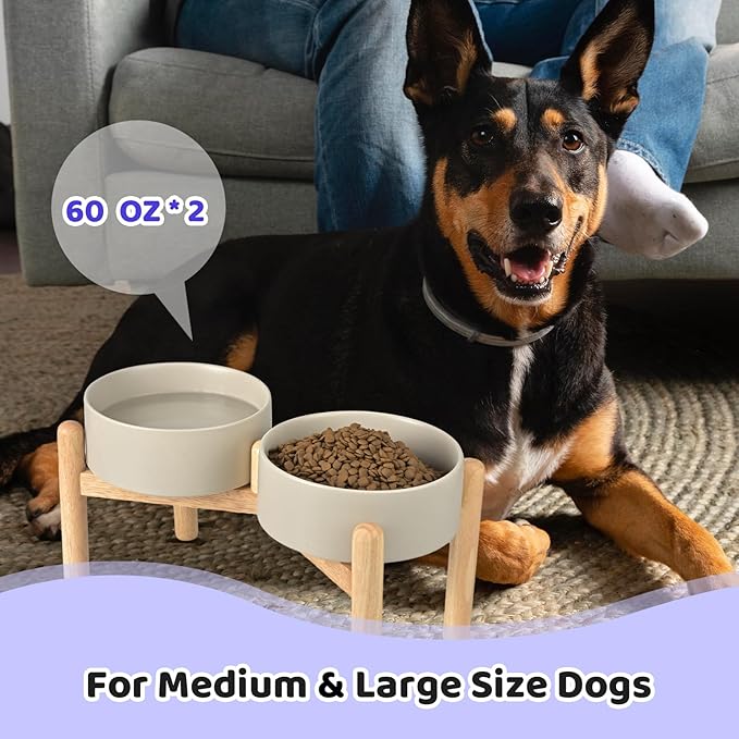 SPUNKYJUNKY Ceramics Elevated Dog Bowls with Wooden Stand Raised Dog Bowl for Medium Large Dog Food and Water Pet Feeding Bowl(Double 60OZ Bowls,Grey)